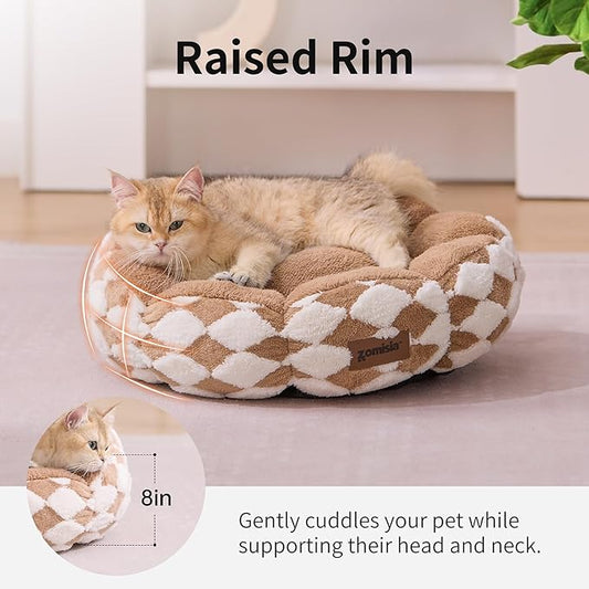 Cat Beds for Indoor Cats, Cute Donut Kitten Beds for Small Dog, Round Plush Bed for Puppy and Large Cats, Anti-Slip Bottom, Brown