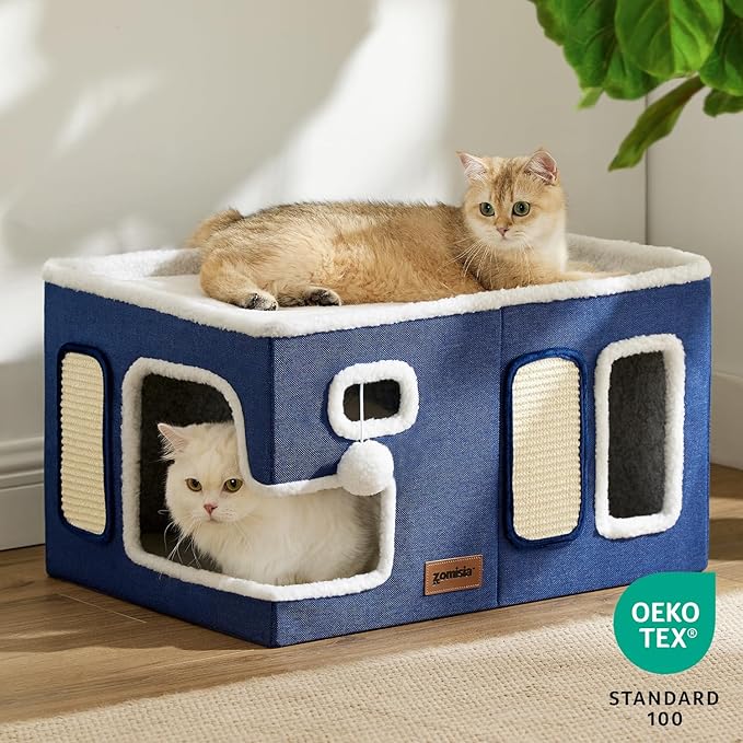 Extra-Wide Cat House for Indoor Cats - Large Cat House for Pet with Fluffy Ball Hanging and Scratch Pad, Foldable Cat Hideaway for Multi Cats, 23x16.5x13 inches, Navy
