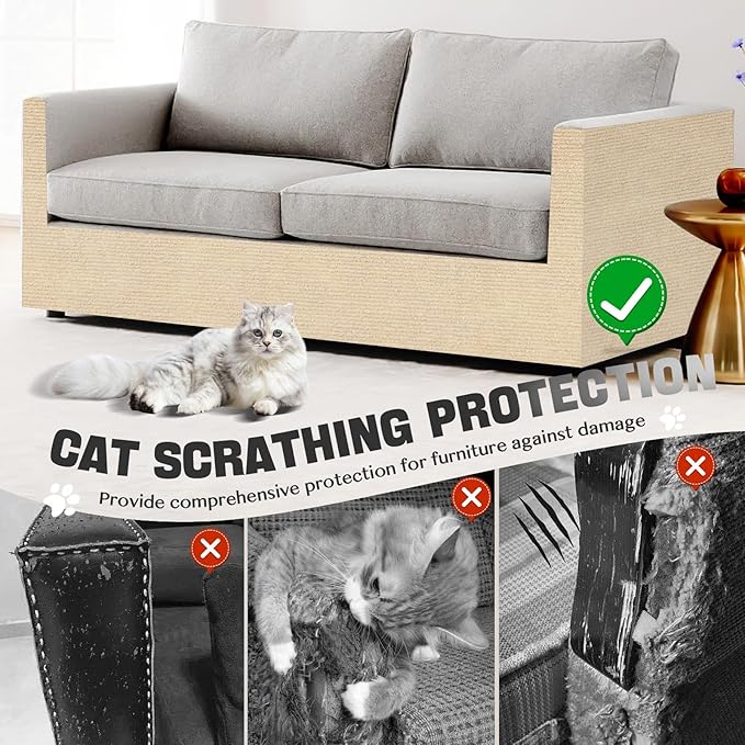 Cat Wall Scratcher Mat, Anti-Scratch Furniture Protector for Indoor Cats - Trimmable Scratching Pad & Couch Replacement - Khaki, 78.7x15.8In