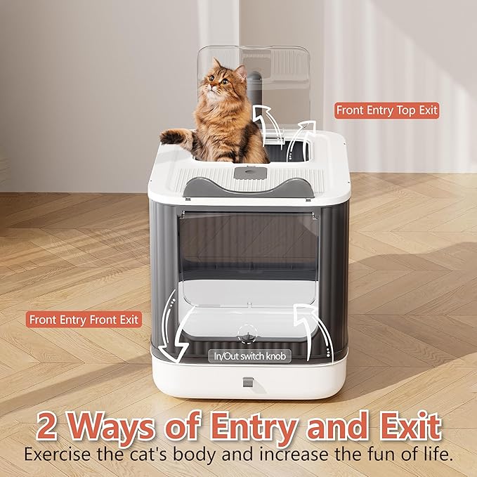 Upgraded Fully Enclosed Cat Litter Box with Lid, Covered Cat Box Enclosure, Anti-Splashing Easy to Clean Kitty Litter Boxes with Drawer, 3 Modes can Use from Kitten to Adult(White&Grey)