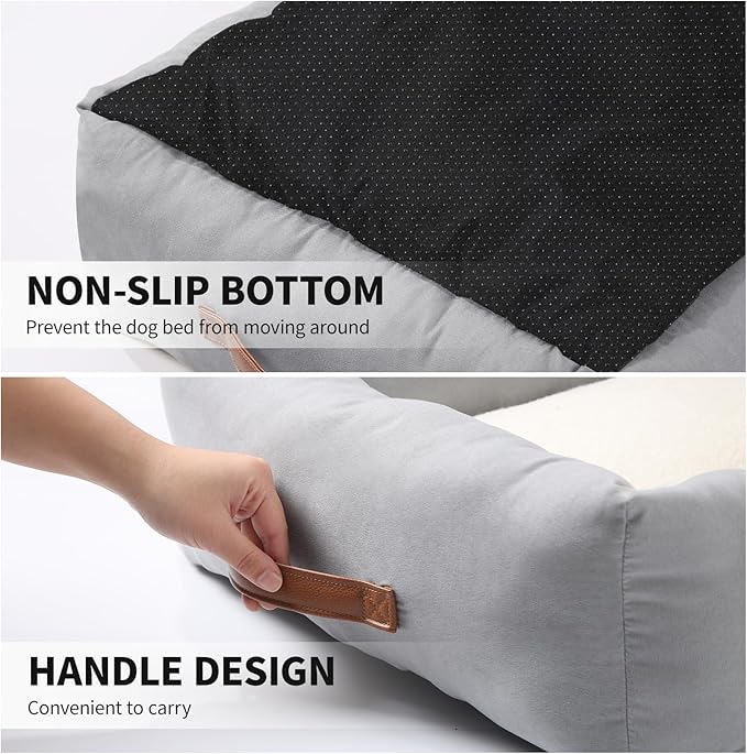 20In Dog Bed for Small Medium Sized Dogs and Cats - Washable Rectangle Puppy Bed for Indoor Outdoor, Cozy Pet Bed with Support Pillow & Non-Slip Bottom(Pale Grey, Small)