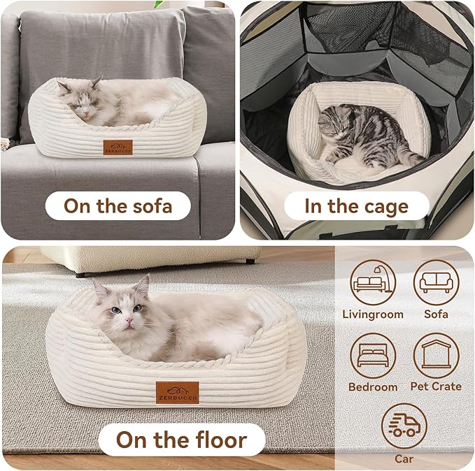 Cat Dog Bed for Pets, Rectangle Pet Bed Gift for Puppy and Kitten, Machine Washable Calming Fluffy Pet Couch Sofa for Indoor Outdoor, Portable Soft Cat Bed with Non-Slip Bottom (Small, Cream)