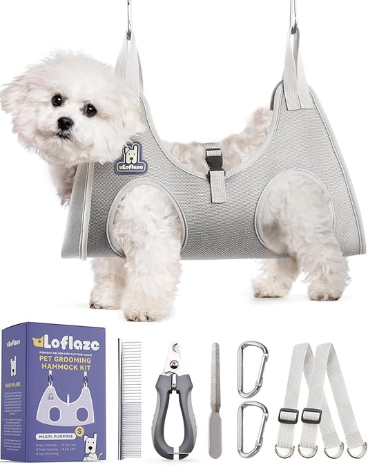 Dog Grooming Hammock Harness for Dogs & Cats with Pet Nail Clipper Trimmer - Cat Hanger Sling for Trimming Clipping Nails- Dog Hammock Restraint Bag for Small Medium Large pet ( Grey S )