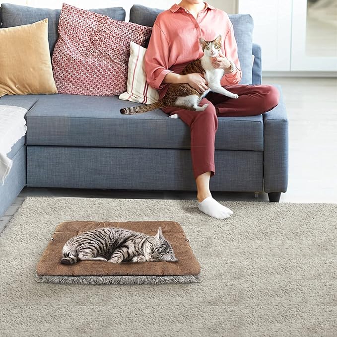 Cat Bed Self Warming, Foldable Self Heated Cat Mat with Removable Cover Heating Pad 24 x 20 inch Extra Warm Thermal Pet Pad for Indoor Outdoor Cats, Non-Slip Bottom Washable Non Electric, Khaki