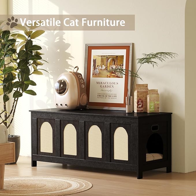 DINZI LVJ Cat Litter Box Enclosure, Flip Top Litter Box Furniture, Rattan-Like Hidden Cat Washroom, Wooden Pet House, End Side Table, 47.2"L x 18.7"W x 19.7"H, Easy to Assemble, Espresso with Rattan