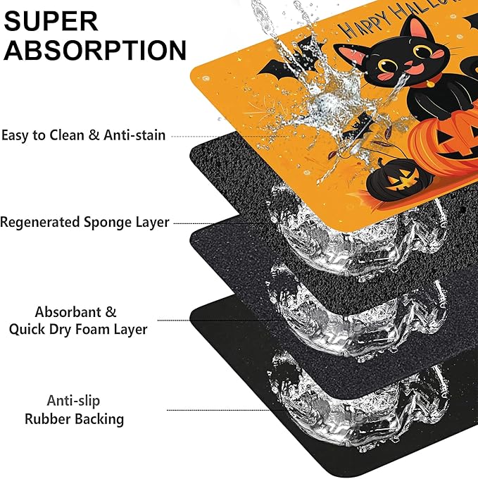 Happy Halloween Cat Pet Feeding Mat for Floors-Absorbent Dog Bowl Mat for Food and Water, Quick Dry Pet Cat Feeding Mats with Non Slip Bottom, Mess-Free Dog Accessories 12"x20"