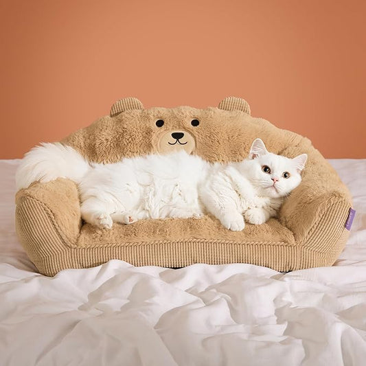 LE SURE Cute Cat Couch for Pets - Fluffy Original Bear Design Cat Beds for Indoor Cats, Fuzzy Cats Sofa with Removable Washable Cover, Supportive Pet Chair, 24inch, Almond