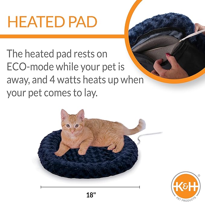 K&H Pet Products Bolster Heated Cat Bed for Indoor Cats, Thermo-Kitty Fashion Splash Orthopedic Foam Heated Pet Bed for Cats or Dogs, Waterproof Pet Heater, Safety Listed Small 18in Round Blue
