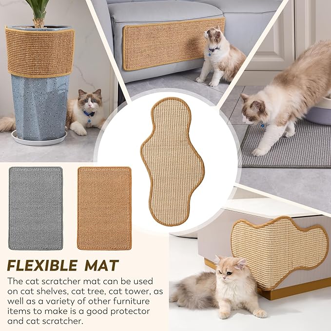 Cat Scratcher Mat with Sticky Tapes, 31.5" x 19.7" Sisal Cat Scratching Carpet for Indoor Cats, Horizontal Cat Scratcher for Cat House, Scratching Posts, and Couch Protection(Camel)