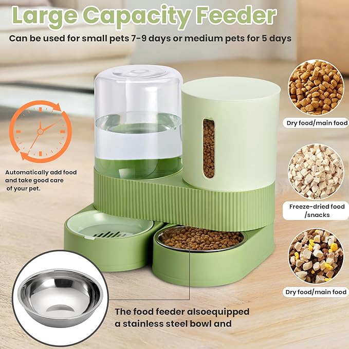 Automatic Dog Cat Water Dispenser Gravity Feeder and Water Dispenser Stainless Steel 2-in-1 Set Large Capacity Dispenser for Pets Dogs, Puppies, Kittens(Green)