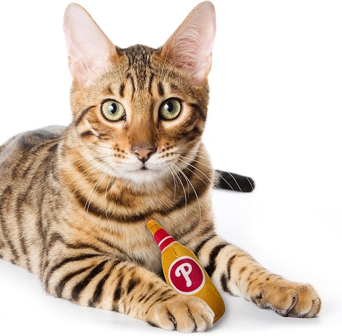 Best Plush CAT Toy - MLB Philadelphia Phillies Complete Set of 3 Piece Cat Toys Filled with Catnip. Incld: 1 Baseball Cap Cat Toy, 1 Baseball Cat Toy with Feathers & 1 Beer Bottle. Team Logos