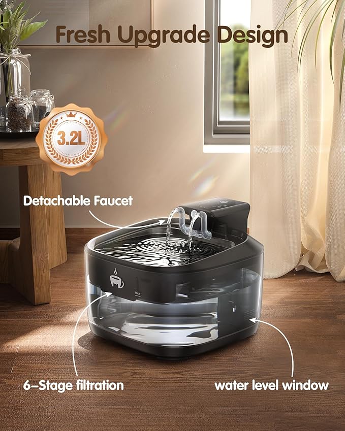 Wireless Cat Water Fountain, 108oz/3.2L Cat Water Fountain Battery Operated with 3 Modes, 5000mAh Battery, Ultra Quiet Motion Sensor Pet for Cats, Bright Black