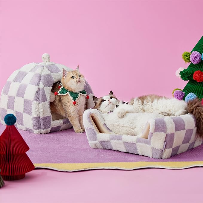 Lesure Cute Cat Beds for Indoor Cats - 2 in 1 Cat Cave Bed for Kittens and Small Pets with Removable Washable Cushioned Pillow, Cozy Kitten with Non-Slip Bottom, Purple, 16 inches