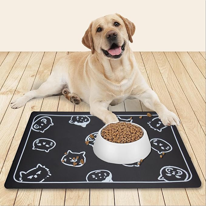 YCT Cat Food Mat for Pet Dog Food Mat, Cat Mat for Food and Water, Cat Feeding Mat Pet Dog Cat Bowl Mat, Non-Slip Super Absorbent, with Multiple cat Heads Logo,24 x 16.9 inches, Brown