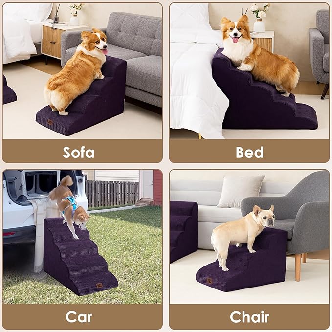 EHEYCIGA Curved Dog Stairs Ramp for High Beds 19.7" H, 4-Step Dog Steps for Small Dogs and Cats, Pet Stairs for High Bed Climbing, Non-Slip Balanced Pet Step Indoor, Purple