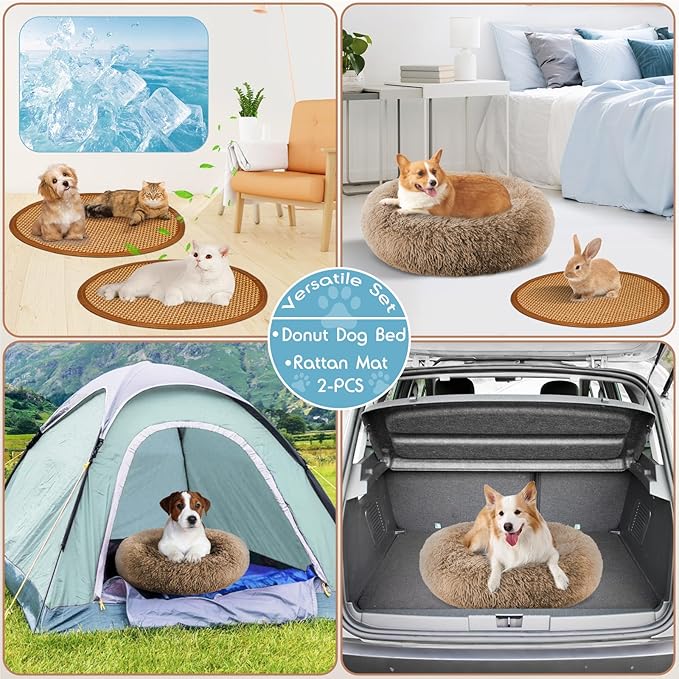 Calming Donut Dog Bed Medium Size Removable Cover + 2 PCS Cooling Rattan Pet Mat, Fluffy Comfort Anti-Anxiety Washable Round Pets Bed with Double-Sided Cool Pad for Medium Dogs/Cat, 31" Khaki