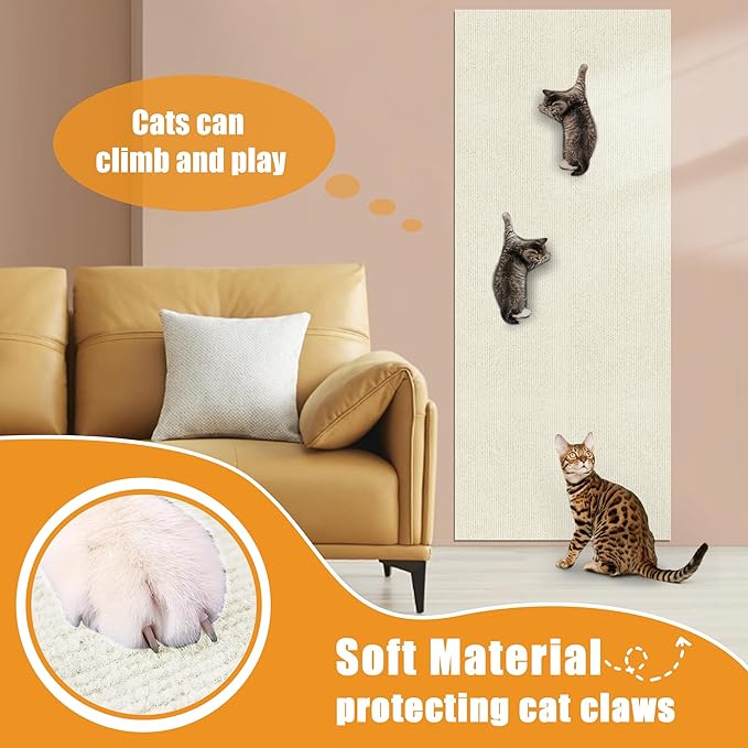 Cat Scratching mat Self-Adhesive, Trimmable Furniture Protector for Couch, Sofa, Wall & Cat Trees - Durable Scratch Pad with Nano Tape, DIY Climbing Carpet for Indoor Cats (White, 23.6"x15.8")