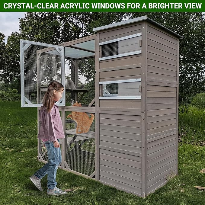 Catio Cat Enclosure Outdoor, Large Cat House Outdoor Weatherproof Attached to Window for Multi Cats, Asphalt and UV Protection Roofs, Multi Platforms-71 H 77" L