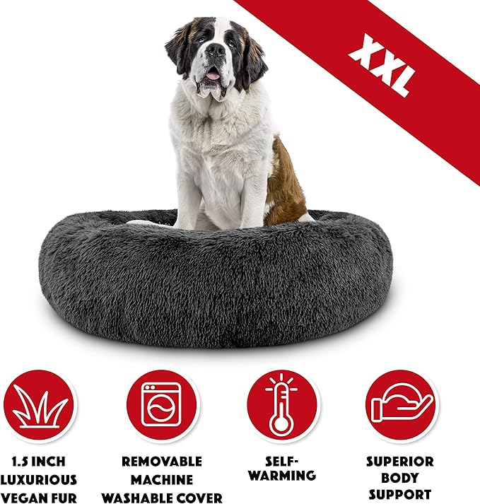 The Dog’s Bed Sound Sleep Donut Dog Bed, XXL Grey Fur Calming Nest Bed Removable Cover, Veterinary Approved