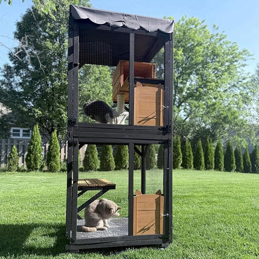Aivituvin Cat House Window Catio Outdoor Cat Enclosure Mobile Kitty Shelter on Wheels Pet Cage with Resting Box,Hammocks,Waterproof Cover