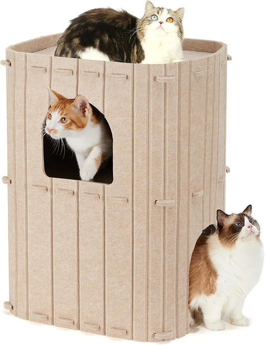 FUKUMARU Cat House for Indoor Cats, 2-Storey Large Cat Bed Cave, Cozy Felt Covered Cats Tunnel Condo Hideaway for Multicats, 17.72x14.37x23.62 inches, Beige