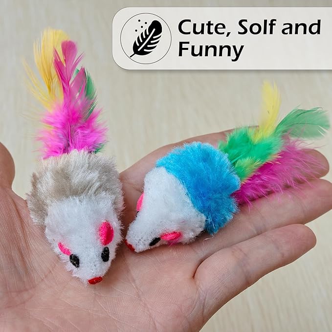 20 PCS Furry Cat Toys Squeak Mouse Rattle Mice Cat Catcher Pet Toys with Feather Tails (Random Color)