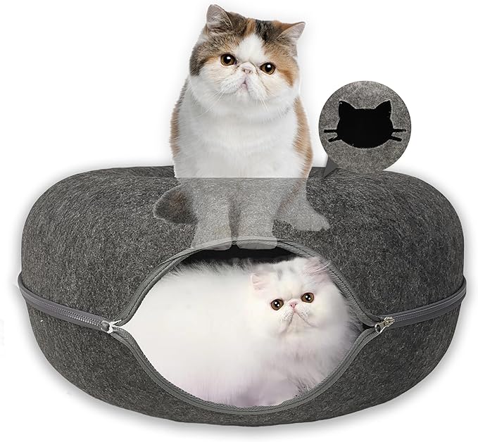 Donut Cat Tunnel Bed Peekaboo Cat Cave for Large Cats Up to 30 Lbs, Kitty Interactive Playing Tent House for Multiple Cats,Detachable,Scratch Resistant (Deep Gray, Large - 24 Inch Diameter)