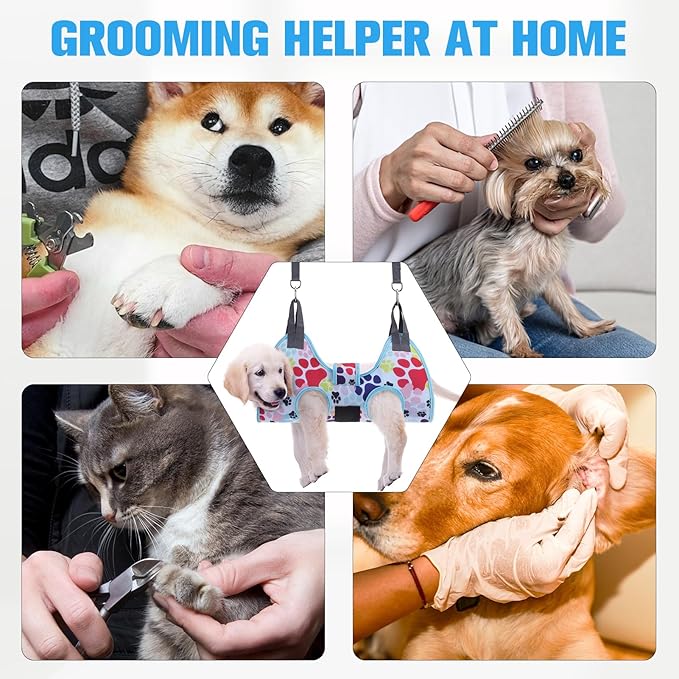 PAWCHIE Dog Grooming Hammock Harness for Dogs & Cats with Pet Nail Clipper Trimmer - Cat Hanger Sling for Trimming Clipping Nails- Dog Hammock Restraint Bag for Small Medium Large Dog, Blue S