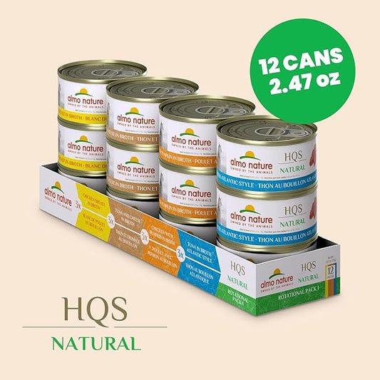 almo nature Wet Cat Food HQS Natural Rotational Diet Chicken & Tuna Selection-Variety Pack, Grain-Free, High-Protein, Highly Digestible, Sensitive Stomach Formula, Additive-Free, 2.47 oz Cans,24-Pack