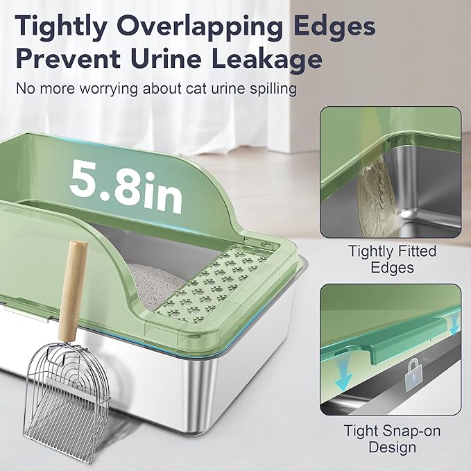 UPSKY Stainless Steel Cat Litter Box with Lid, XL Large Metal Litter Box for Large Breeds, Enclosed Kitty Litter Pan with High Sides, Leak-Proof & Non-Stick, Easy to Clean, Scoop and Mat Included