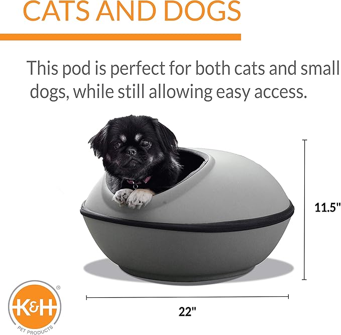 K&H Pet Products Unheated Kitty Mod Dream Pod Cat Bed for Large Cats or Small Dogs, Indoor Covered Privacy Cave, Collapsible, Easy Clean Washable Cushion - Unheated Round 22in Gray/Black