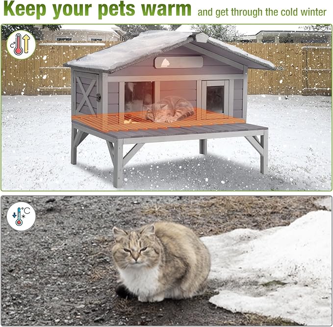 GUTINNEEN Heated Outdoor Cat House Weatherproof Large Cat Shelter with 100% Insulated Liner for Multiple Cats, Cat Houses for Indoor Cats(Grey)