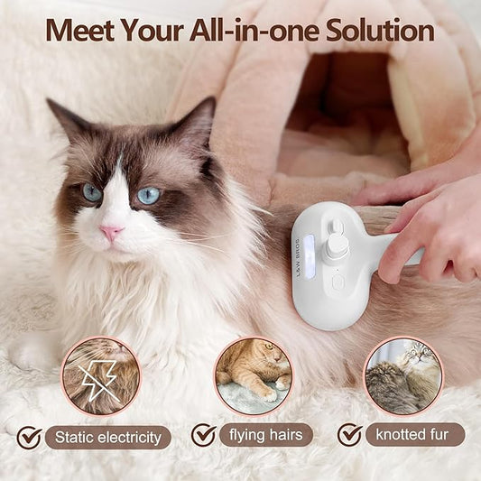 L&W BROS. Steam Grooming Brush for Shedding and Detangling – Self-Cleaning Steamy Pet Brush with Mist Spray for Long-Haired Cats and Small Dogs (White)