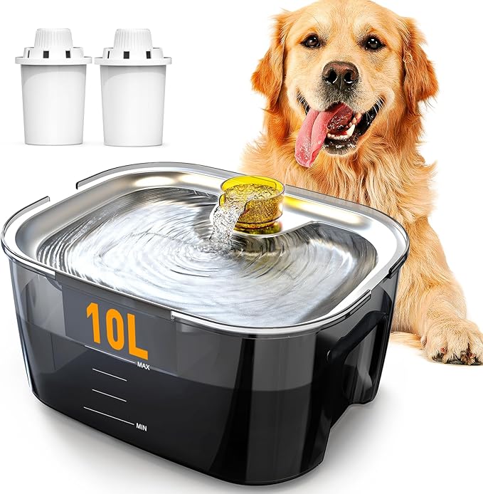 lesotc Dog Water Fountain Stainless Steel, 2.6 Gallon/10L Pet Water Fountain Cat Water Fountain Dog Water Bowl Dispenser for Large Dogs & Multi Pets, Ultra-Quiet, Smart Pump, Easy to Clean