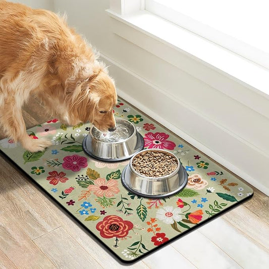 Absorbent Quick Dry Pet Food Mat for Dogs and Cats - Eco-Friendly Bowl Mat for Food and Water Dispenser - 12"x20" Floor Accessory