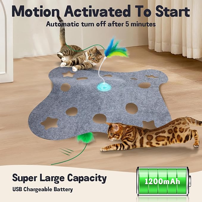 Cat Toys for Indoor Cats,Interactive Toy Hide n Seek for Kittens,Automatic Moving Wand Feather,Motion Activated Exercise Toy for Bored Cats Rechargeable (Grey)