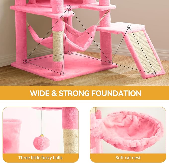 YITAHOME Tall Cat Tree for Indoor Cats, 75 inch Multi-Level Cat Tower with Cat Condos, Top Perches, Sisal Ramp Scratching Posts, Cozy Basket, Hammocks, Large Cat Pet Activity Structure,Pink