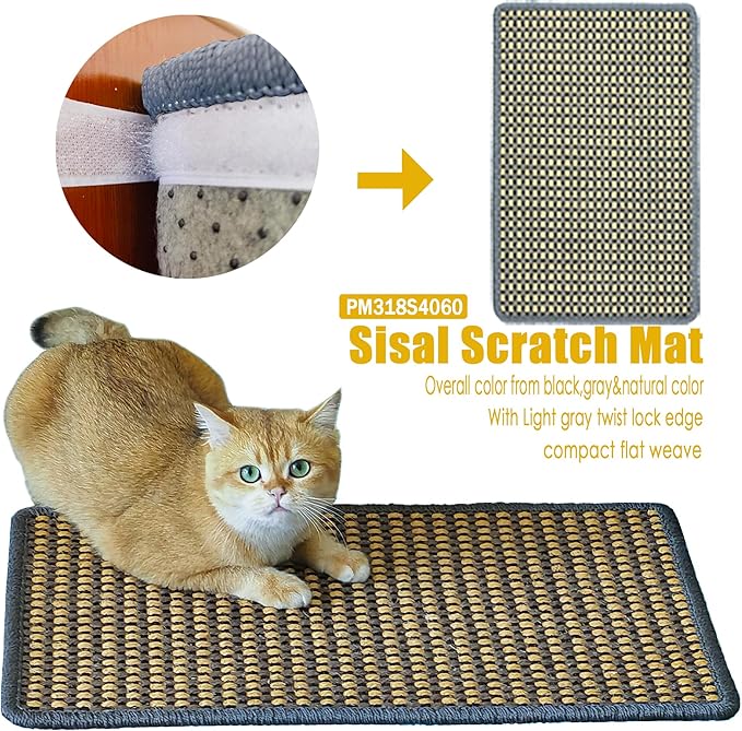Cat Scratching Mat,23.6 x 15.7inch Sisal Cat Scratchers for Indoor Cats with Velcro Tapes,Stick on Floor Wall Cat Scratcher,Horizontal Cat Scratcher Protect Carpets and Sofas (Grid Style)…