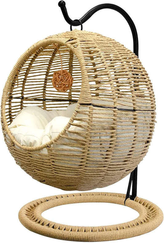 BROWN-BROWN Wicker Cat Bed Indoors & Outdoors, Hand Made Cat Swing Bed with Removable Cushion & Hanging Ball, Washable Pet Swing for Cat, Small Dog, Small Animals