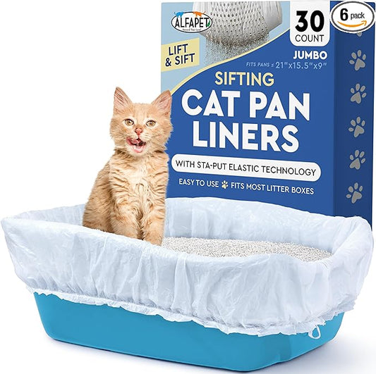 Alfapet Sifting Cat Litter Box Liners - Jumbo 30 Count, Pack of 5 - Tear-Resistant Cat Litter Bags, Waterproof Kitty Litter Liners, Fits Litterbox Pan Sizes X-Large, X-Giant, 37" x 18" 30 lb Capacity