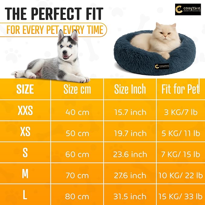 Anti-Anxiety Donut Pet Bed, Round Plush Faux Fur, Washable, Deep Blue, Small to Medium Dogs and Cats (Deep Blue, Large)