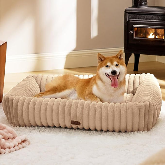 Bedsure Cute Dog Beds Large Sized Dog - Washable Furry Pet Beds, Rectangle Orthopedic Corduroy Fleece Puppy Beds with Removable Zipper Cover, 36x27x8inches,Sandy Tan