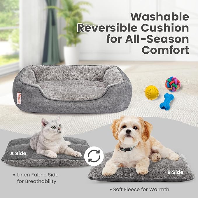 Miguel Faux Linen Dog Bed with Removable Cushion Pillow for Medium Small Dogs, Washable Pet Bed with Side Easy to Wash Puppy Bed, Rectangle Cat Bed for Indoor Cat with Anti-Slip Bottom, Gray 20 Inch
