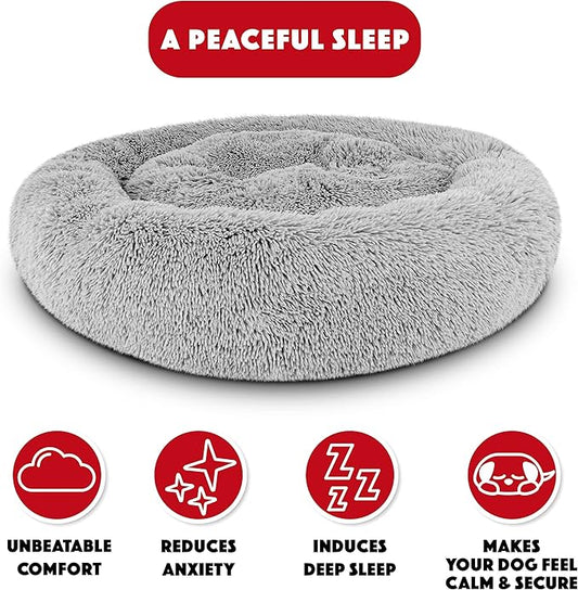 The Dog's Balls Dog Bed, Large Silver Grey Fur Calming Nest Bed, Veterinary Approved