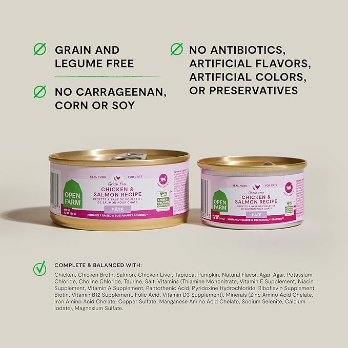 Open Farm Canned Cat Food, Paté for Complete & Balanced Nutrition, Grain-Free and Legume-Free Wet Cat Food, Chicken & Salmon Recipe, 2.8oz Cans (Case of 18)