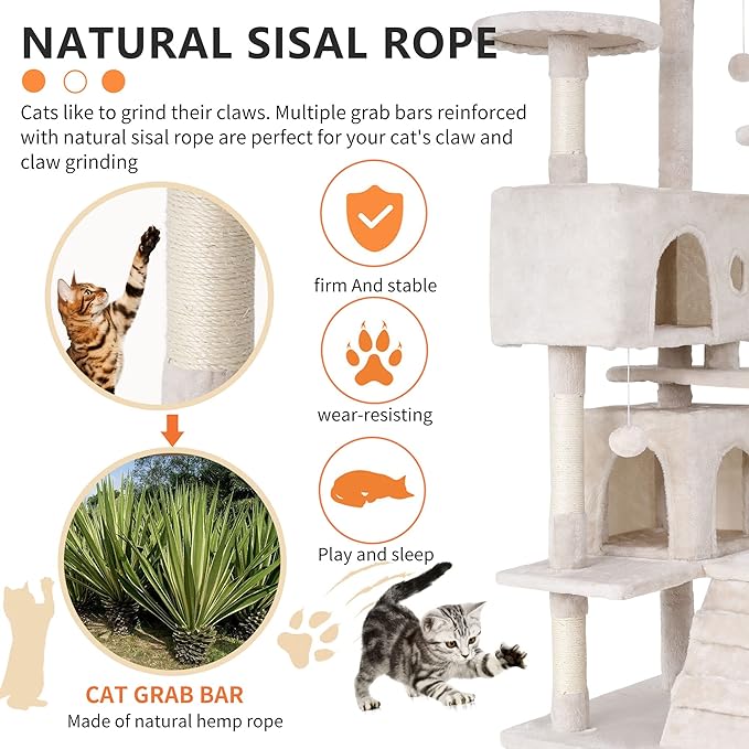 BestPet | 70" Cat Tree Tower | Beige | Sturdy, Easy to Assemble, Multi-Level Activity Center with Sisal Scratching Posts, Condos, Perches, Hanging Cat Toys, Observation Decks & Ladder