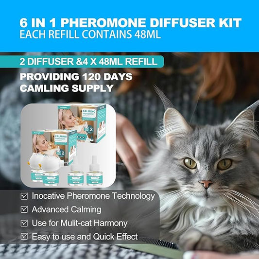 Cat Calming Diffuser, Cat Pheromones Calming Diffuser, Effectively Relieve Anxiety Stress Cat Diffuser Calming Multicat with 2 Diffuser + 4 Refill 48ml Last 120 Days Fits All Cats