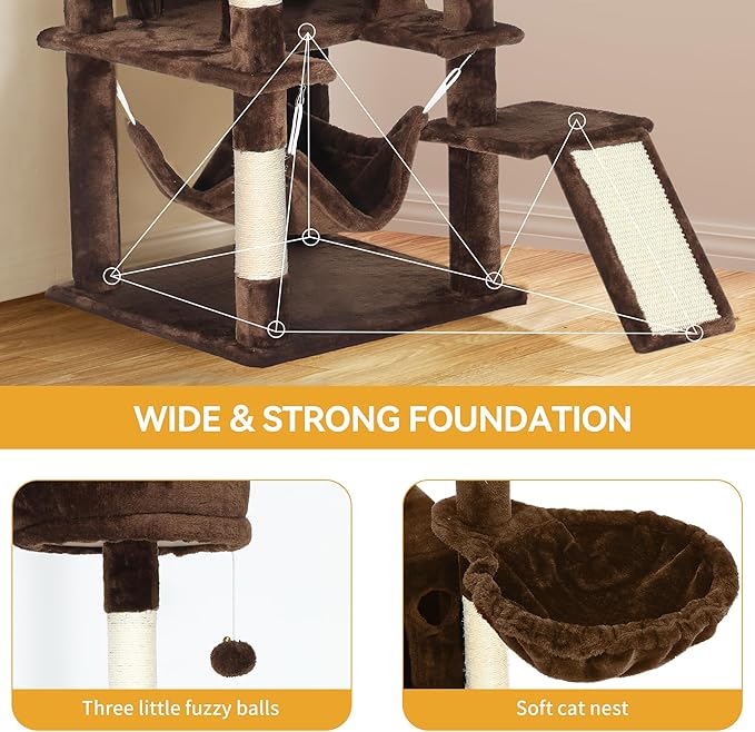 YITAHOME Tall Cat Tree for Indoor Cats, 75 inch Multi-Level Cat Tower with Cat Condos, Top Perches, Sisal Ramp Scratching Posts, Cozy Basket, Hammocks, Large Cat Pet Activity Structure, Brown