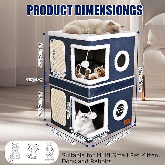 2-Story Cat House for Indoor Cats, Dual-Purpose Cat Cave Bed with Scratch Pad and Fluffy Ball, Foldable Cat Hideaway, Cute Cat Condo Furniture for Multi Small Pet Kitten, Blue