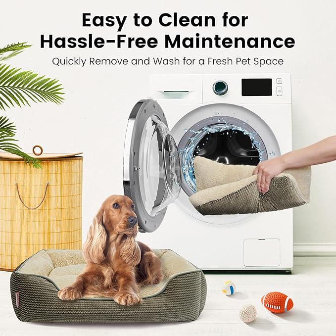 Miguel Dog Bed with Removable Cushion/Pillow for Small Dogs, Washable Pet Bed with Side Easy to Wash Puppy Bed, Rectangle Cat Beds for Indoor Cats with Anti-Slip Bottom, Khaki 20 Inch